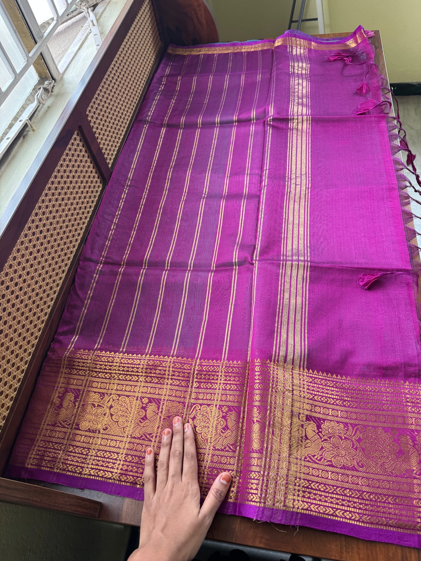 Mangalagiri Handloom Pure Silk Cotton Saree - Sea Green & Purple