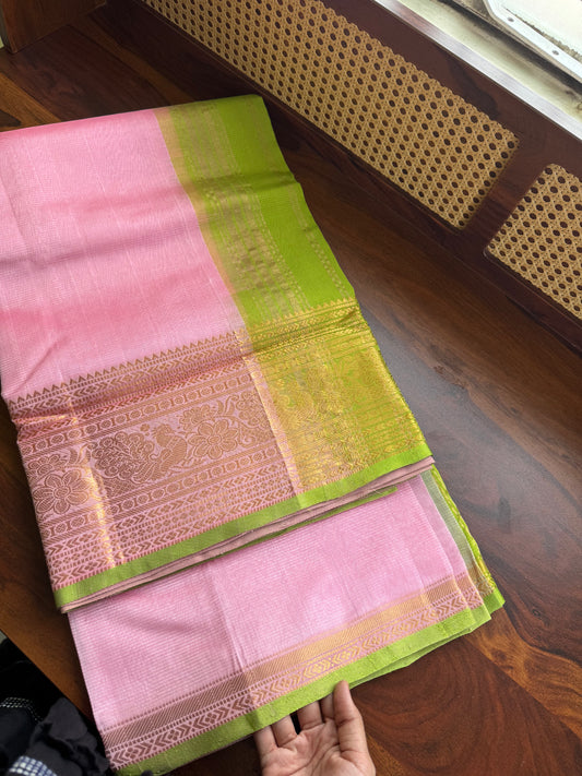 Mangalagiri Handloom Pure Silk Cotton Saree - Baby Pink & Green