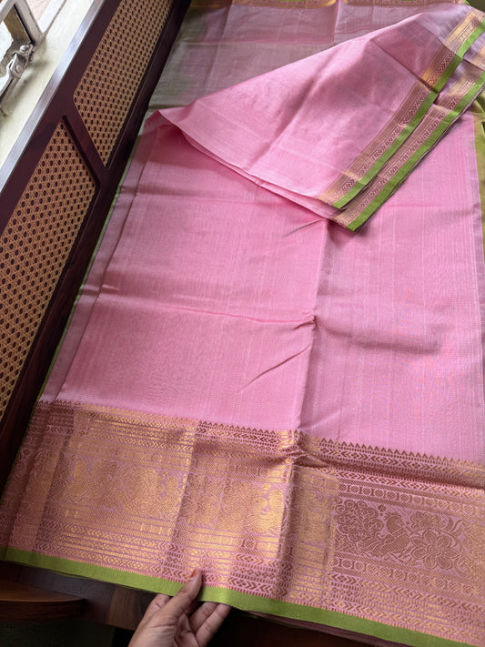 Mangalagiri Handloom Pure Silk Cotton Saree - Baby Pink & Green