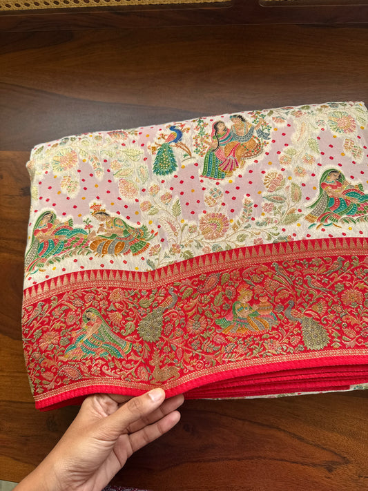 Radhe Krishna Georgette Banarasi Saree - White & Red