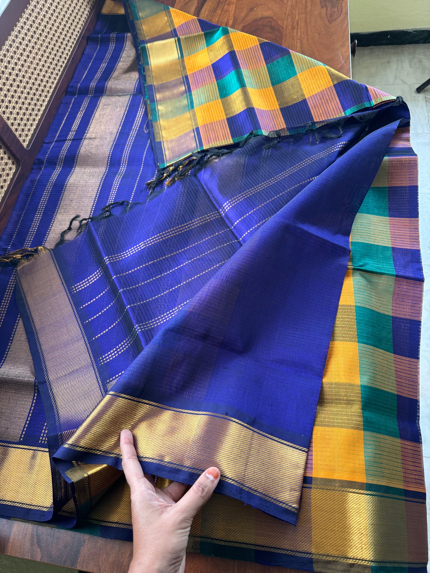 Handloom Pure Silk Cotton Saree - Checks Blue