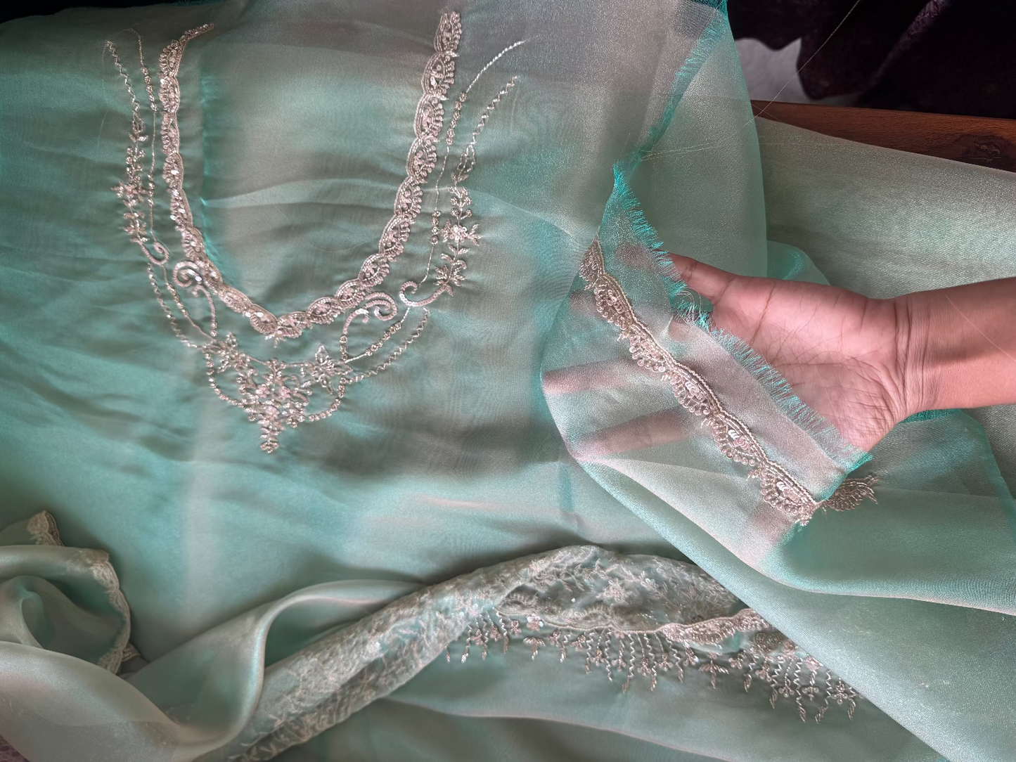 Minimal Luxe Tissue Saree with beadwork - Blue Green Tone