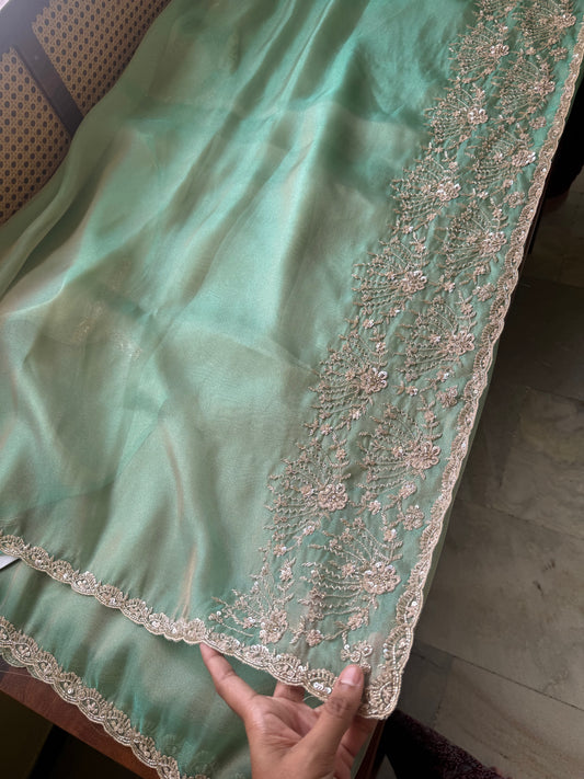 Minimal Luxe Tissue Saree with beadwork - Blue Green Tone