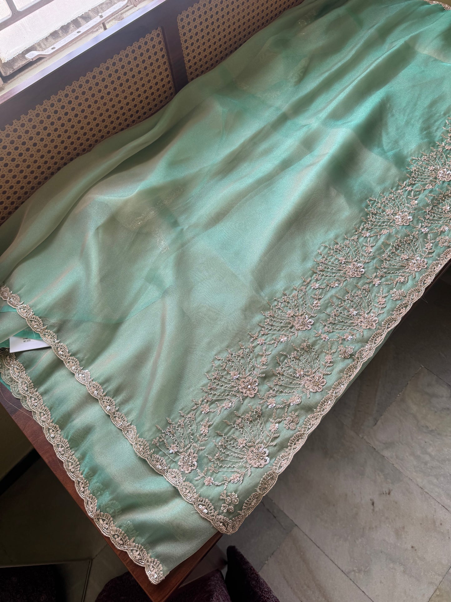 Minimal Luxe Tissue Saree with beadwork - Blue Green Tone