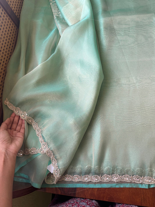 Minimal Luxe Tissue Saree with beadwork - Blue Green Tone