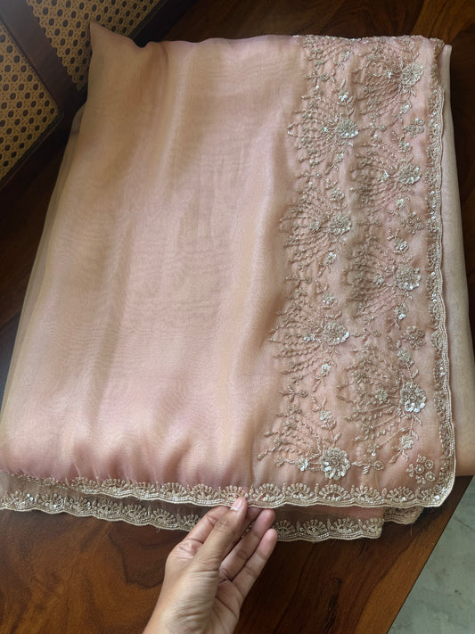 Minimal Luxe Tissue Saree with beadwork - Pastel Peach
