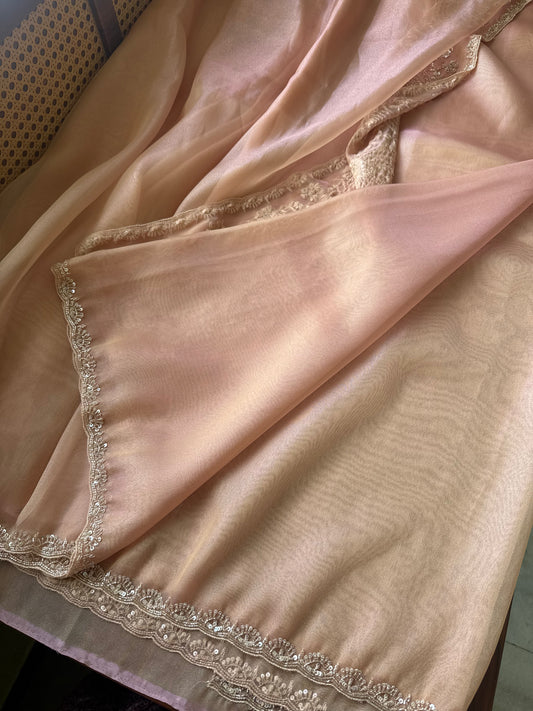Minimal Luxe Tissue Saree with beadwork - Pastel Peach
