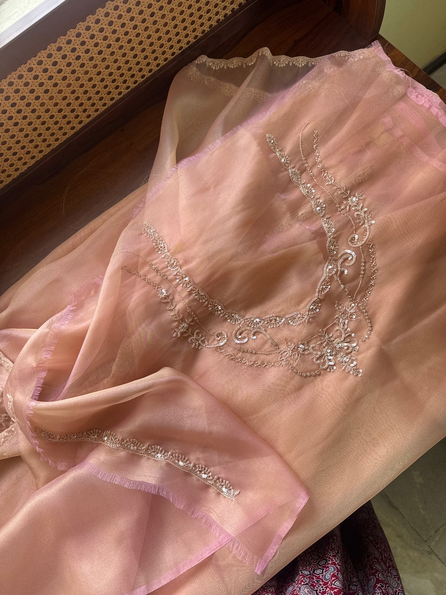 Minimal Luxe Tissue Saree with beadwork - Pastel Peach