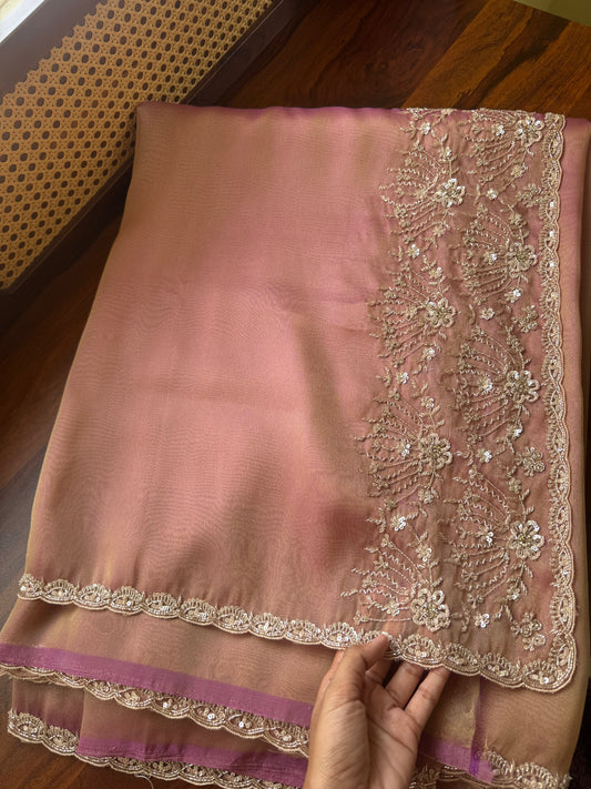 Minimal Luxe Tissue Saree with beadwork - Pink Golden