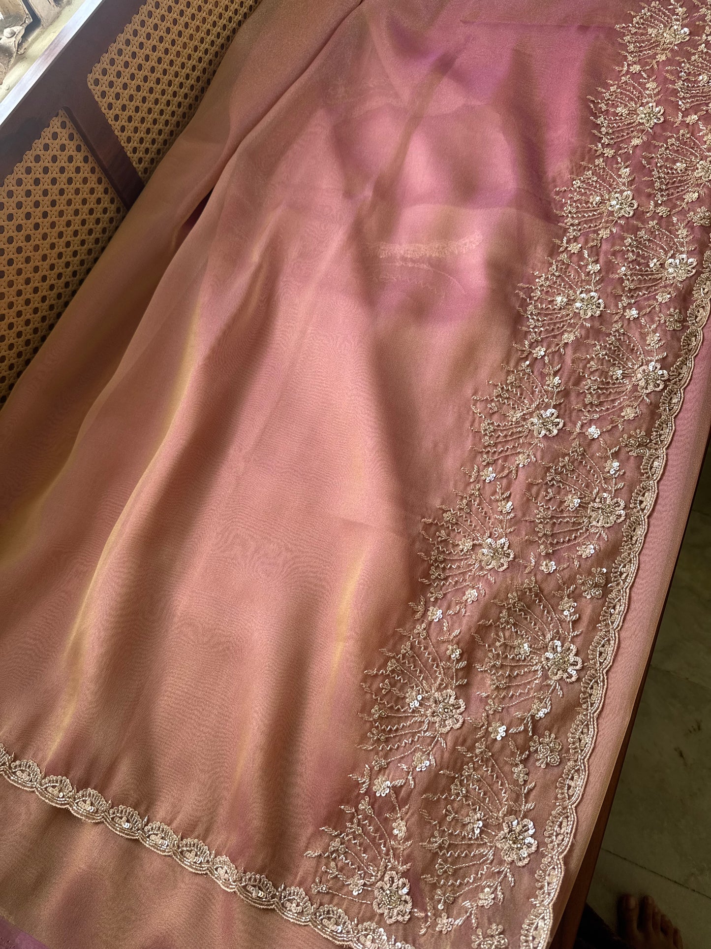 Minimal Luxe Tissue Saree with beadwork - Pink Golden