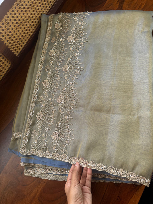 Minimal Luxe Tissue Saree with beadwork - Galaxy Blue