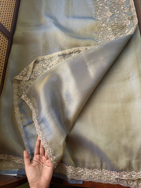 Minimal Luxe Tissue Saree with beadwork - Galaxy Blue