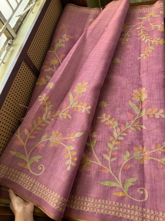 Tissue Linen Saree with Aari work - Pink