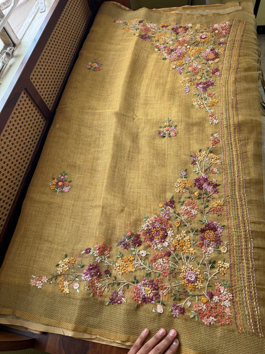 Premium Tissue Linen Sarees with heavy blouse - Henna Green