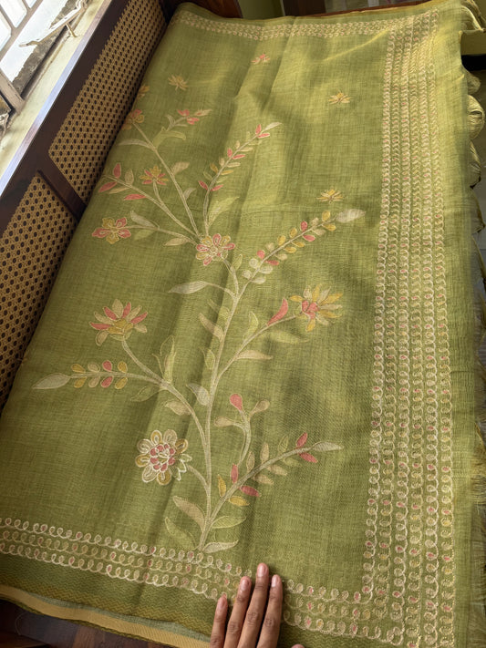 Tissue Linen Saree with Aari work - Green