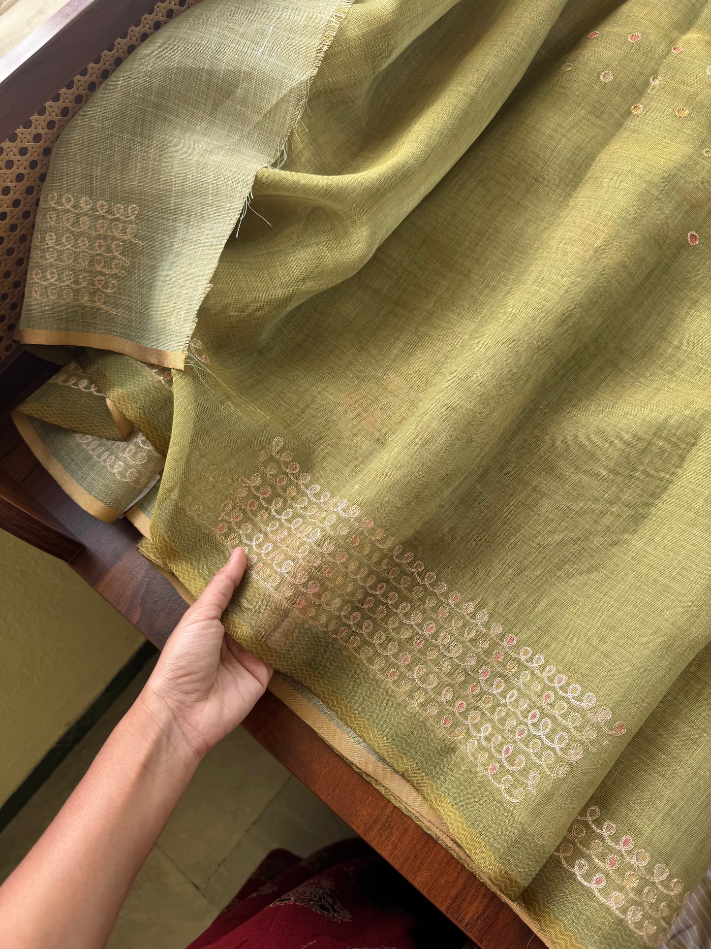 Tissue Linen Saree with Aari work - Green