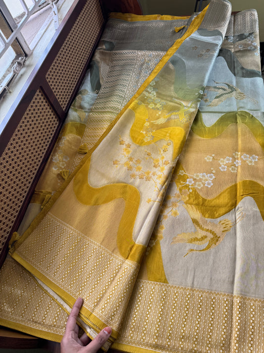 Soft Semi Silk Saree - Yellow Green