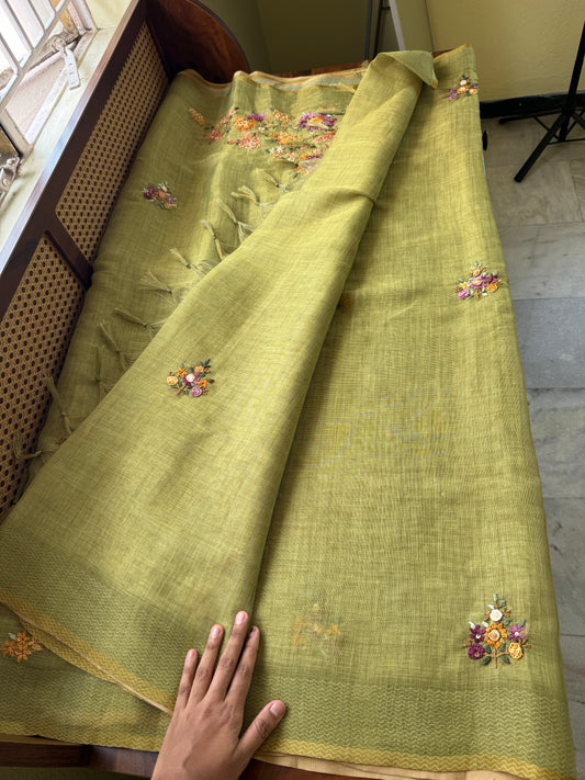 Premium Tissue Linen Sarees with heavy blouse - Green