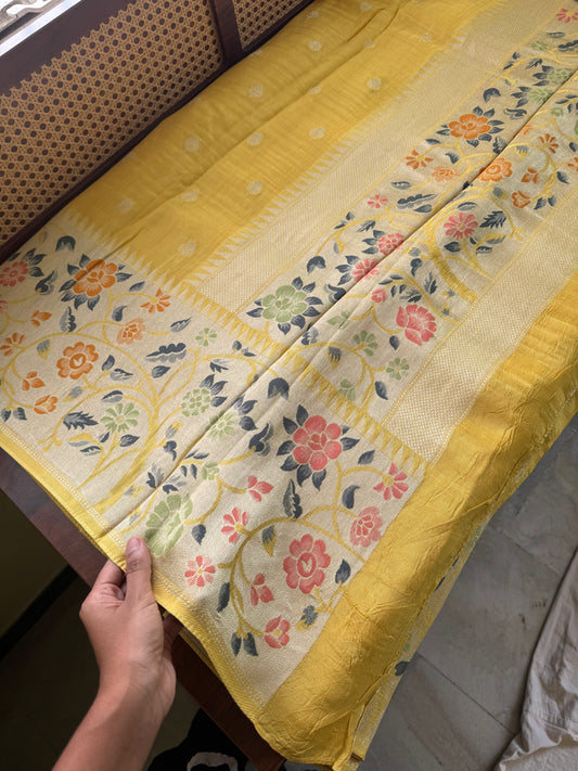 Tussar Georgette Semi Silk Saree - Yellow