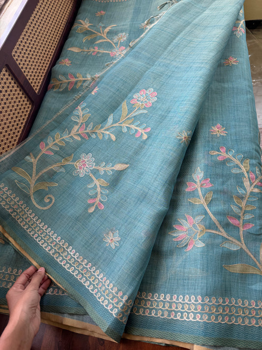 Tissue Linen Saree with Aari work - Blue