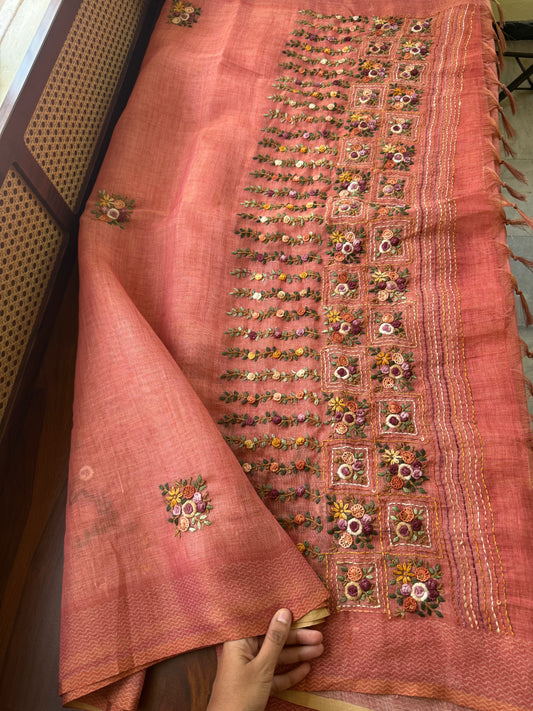 Premium Tissue Linen Sarees with heavy blouse - Peach