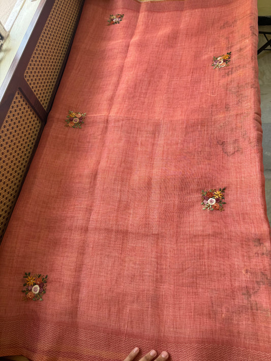 Premium Tissue Linen Sarees with heavy blouse - Peach
