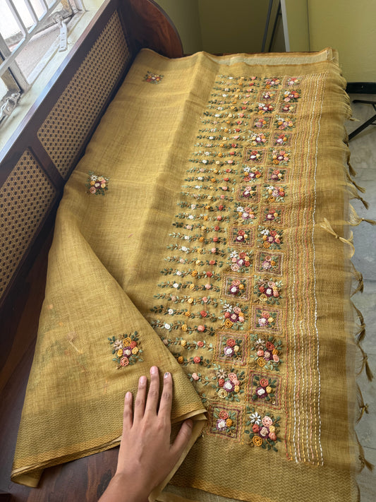 Premium Tissue Linen Sarees with heavy blouse - Henna Green