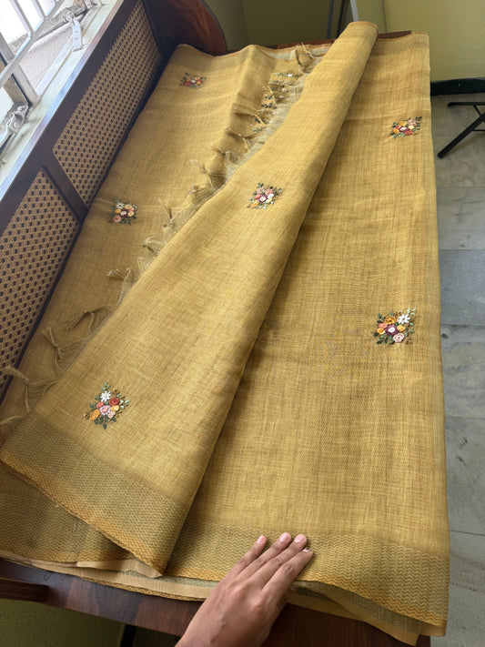 Premium Tissue Linen Sarees with heavy blouse - Henna Green