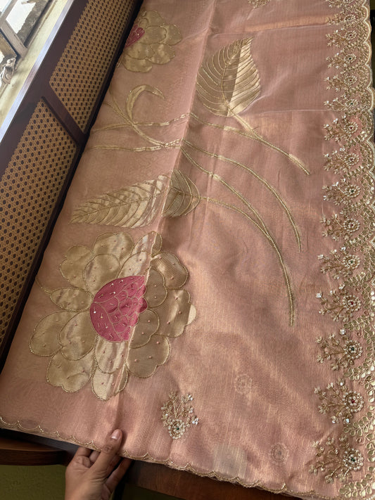 Premium Zari Tissue Saree - Pink Gold