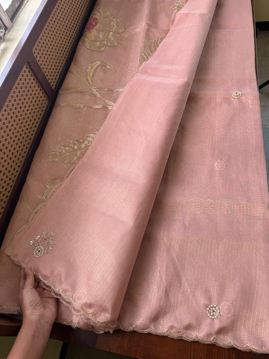 Premium Zari Tissue Saree - Pink Gold
