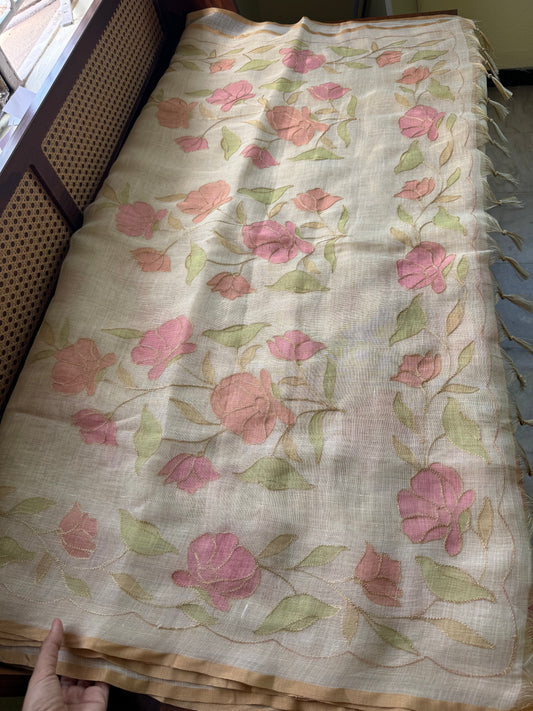 Tissue Linen Saree with Aari work - Beige & Pink