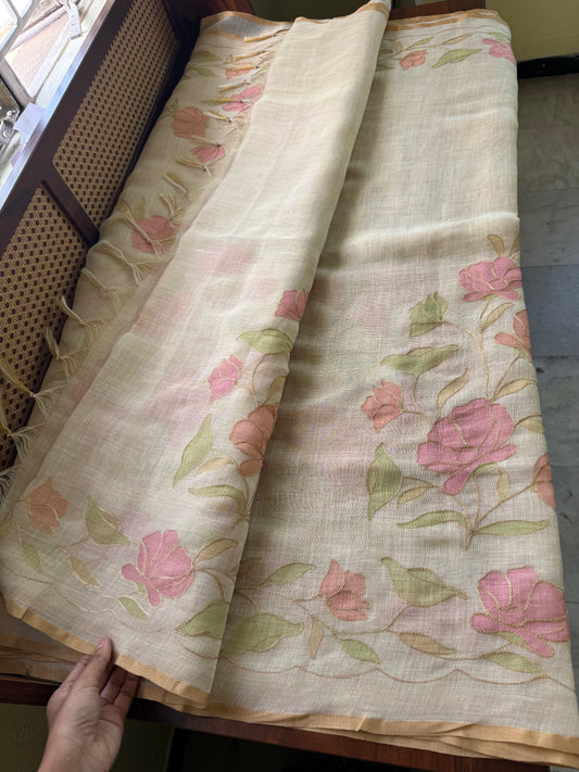 Tissue Linen Saree with Aari work - Beige & Pink