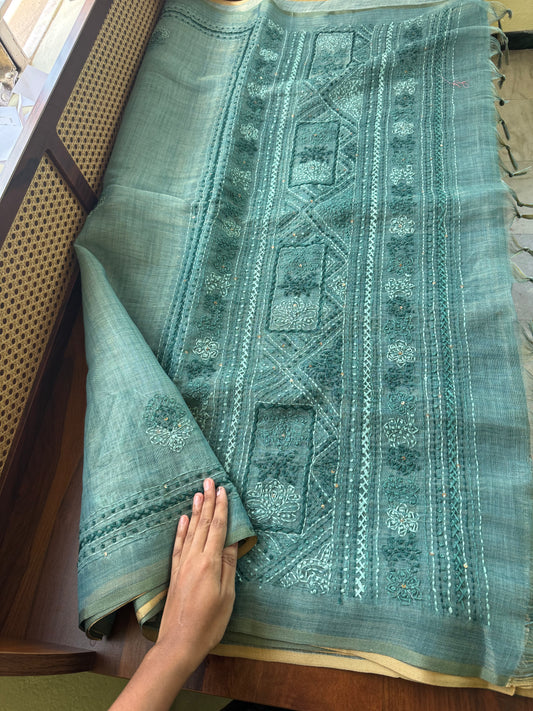 Premium Tissue Linen Sarees with borders & heavy blouse - Blue