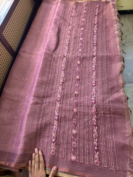 Premium Tissue Linen Sarees with heavy blouse - Pink