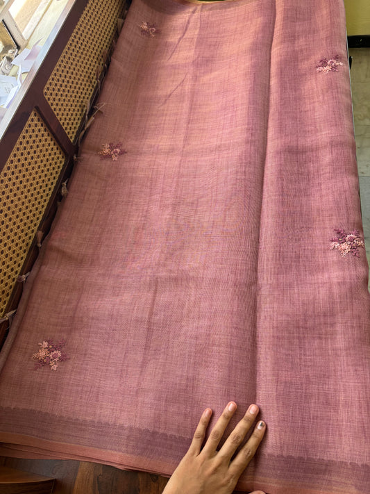 Premium Tissue Linen Sarees with heavy blouse - Pink
