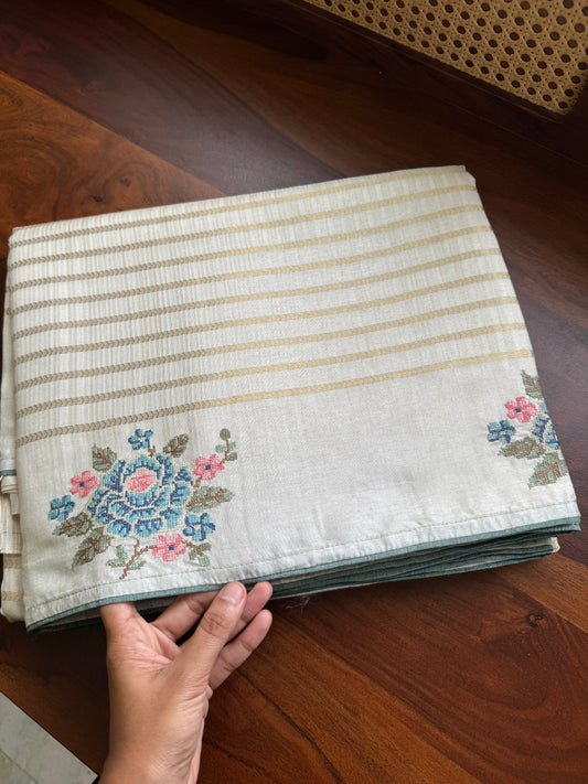 Elegant Semi tussar saree - Ivory with Blue