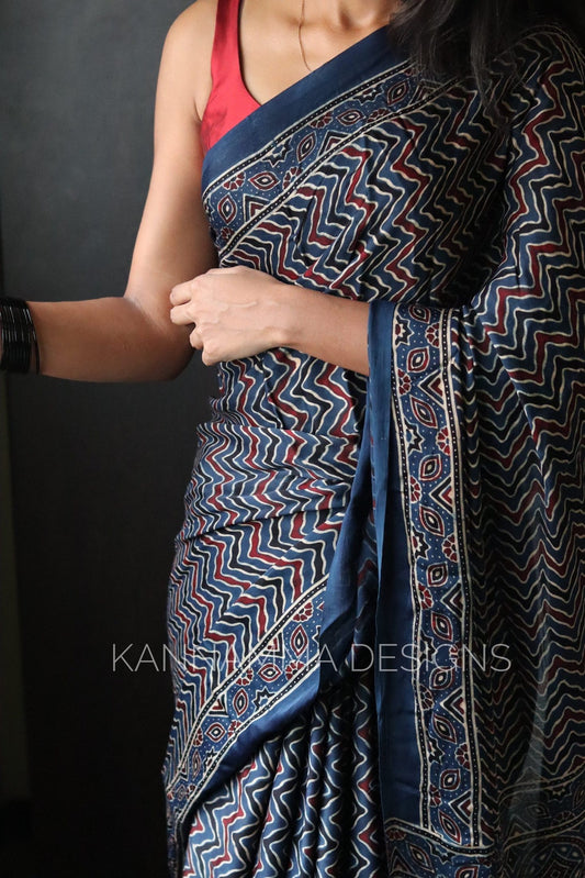 Ajrakh Modal Silk Saree - Blue & Maroon