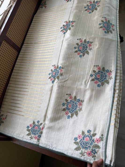 Elegant Semi tussar saree - Ivory with Blue