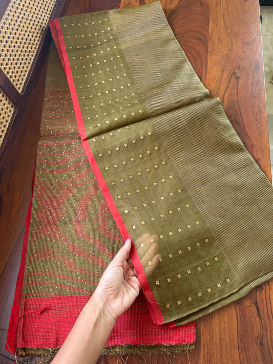 Pure Kora Jamdhani Saree - Olive Green