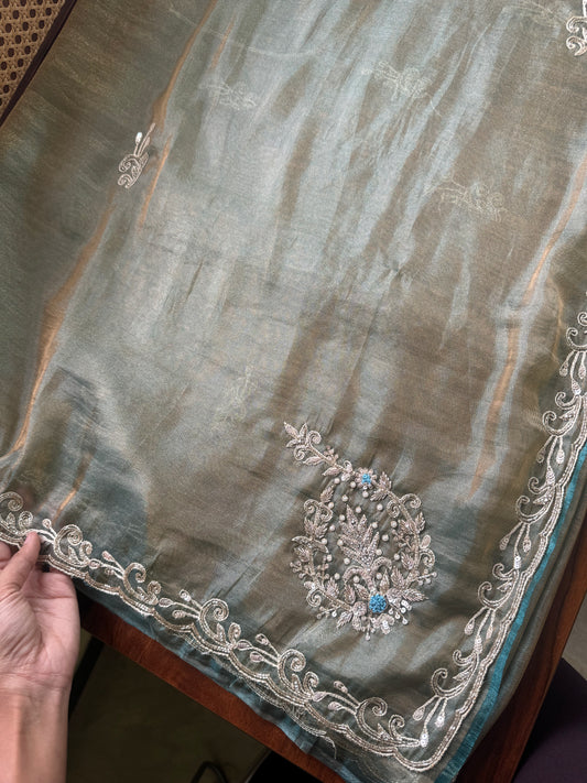 Luxe Tissue Saree with zari work - Blue Golden