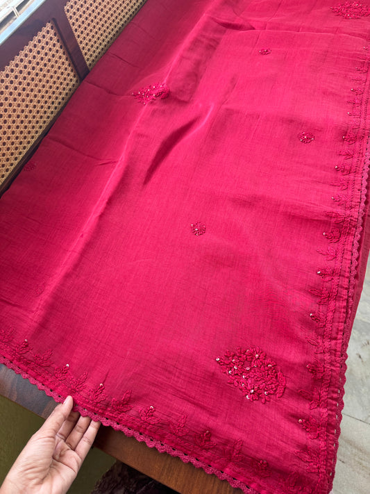 Pure Mul Chanderi Chikankari Saree - Crimson Pink