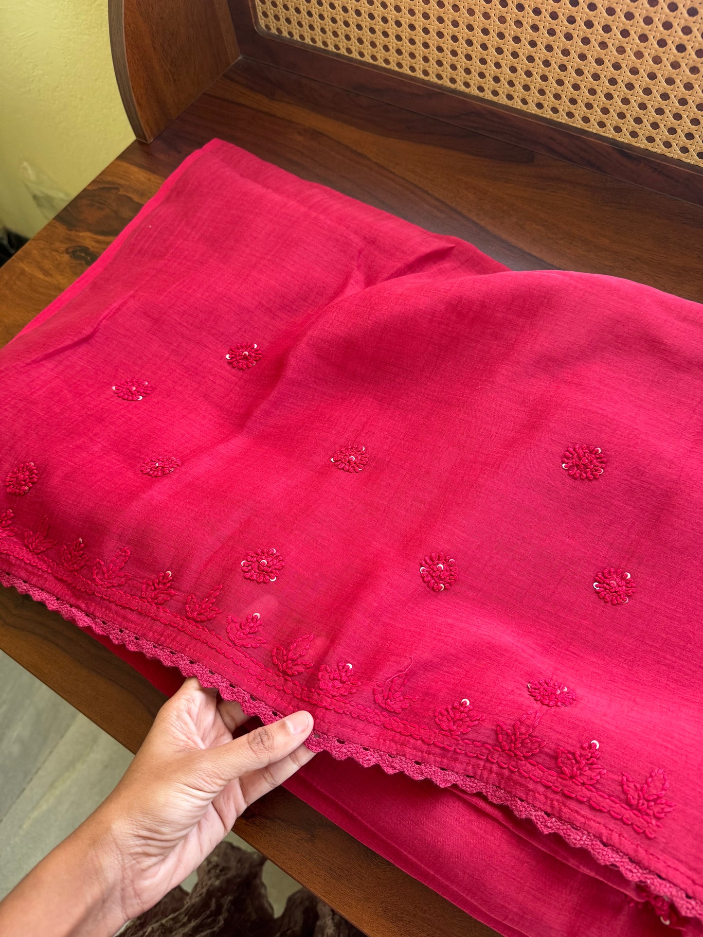 Pure Mul Chanderi Chikankari Saree - Crimson Pink