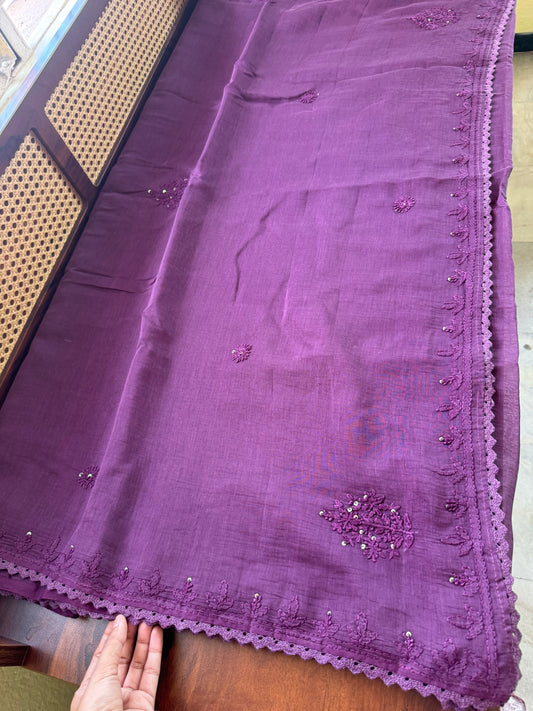 Pure Mul Chanderi Chikankari Saree - Purple