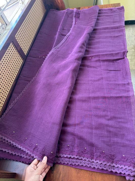 Pure Mul Chanderi Chikankari Saree - Purple