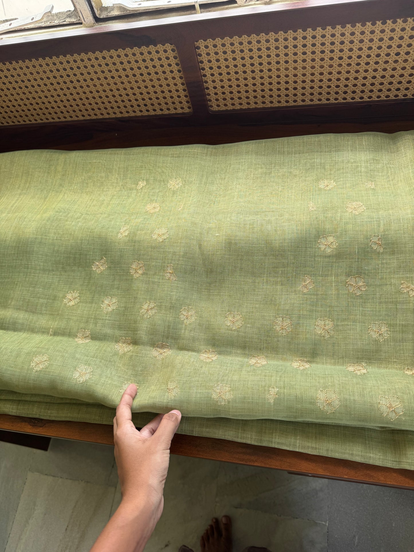 Tissue Linen Saree with Aari work - Green