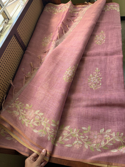Tissue Linen Saree with Aari work - Pink