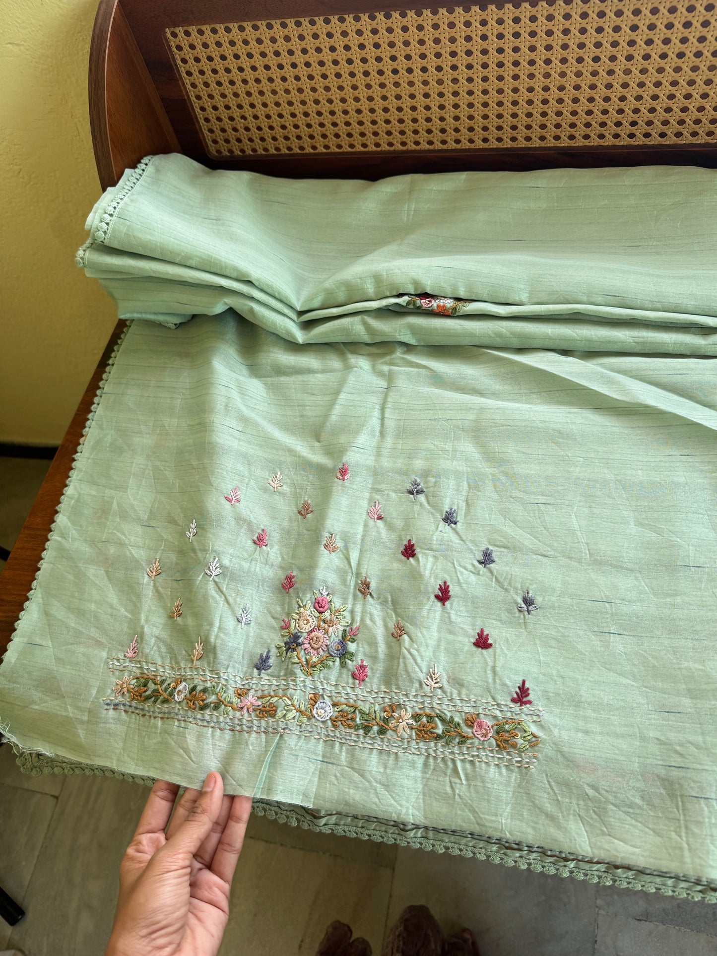 Hand Embroidered Tussar Blend Saree with heavy blouse - Green