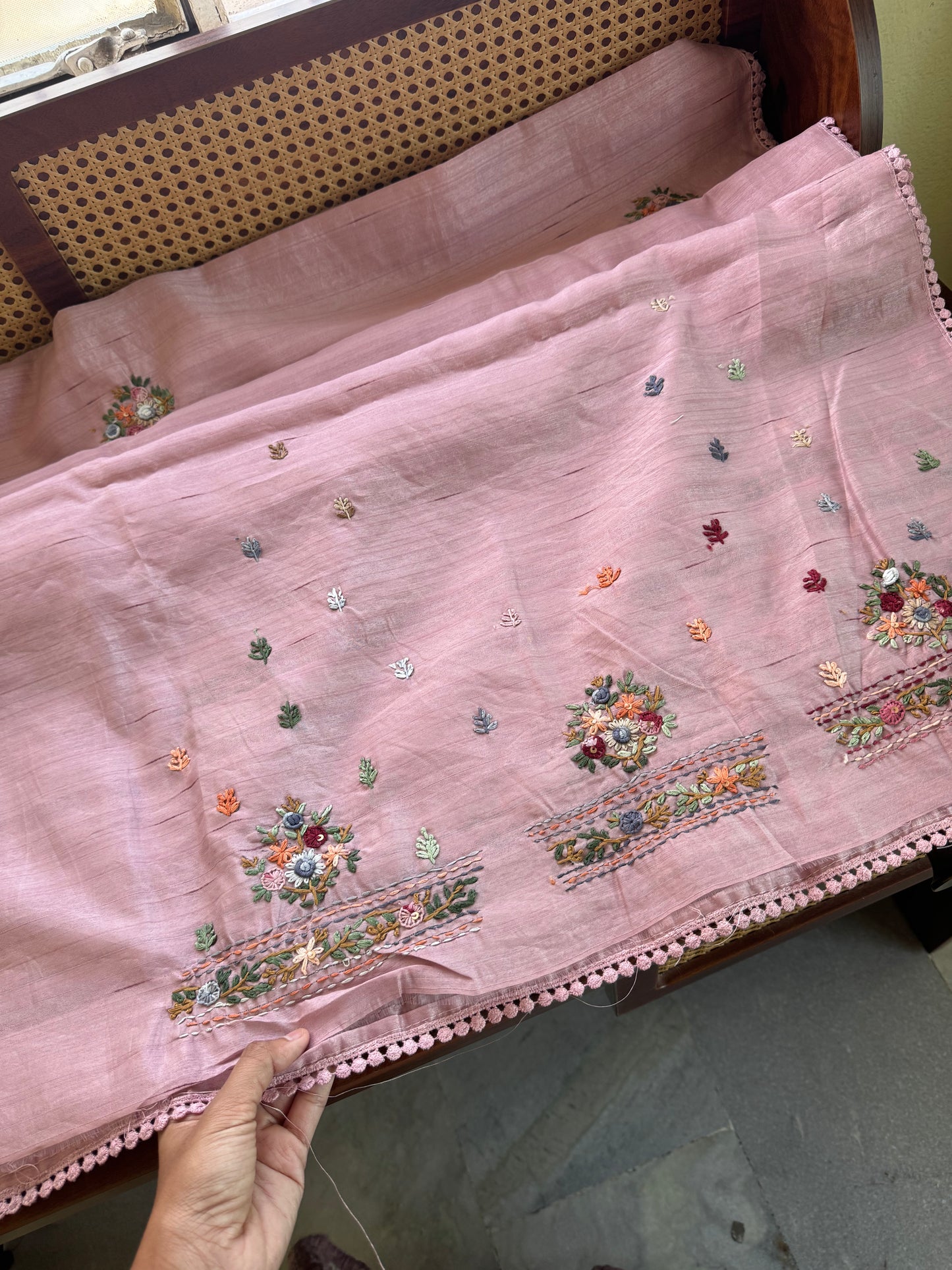 Hand Embroidered Tussar Blend Saree with heavy blouse - Pink