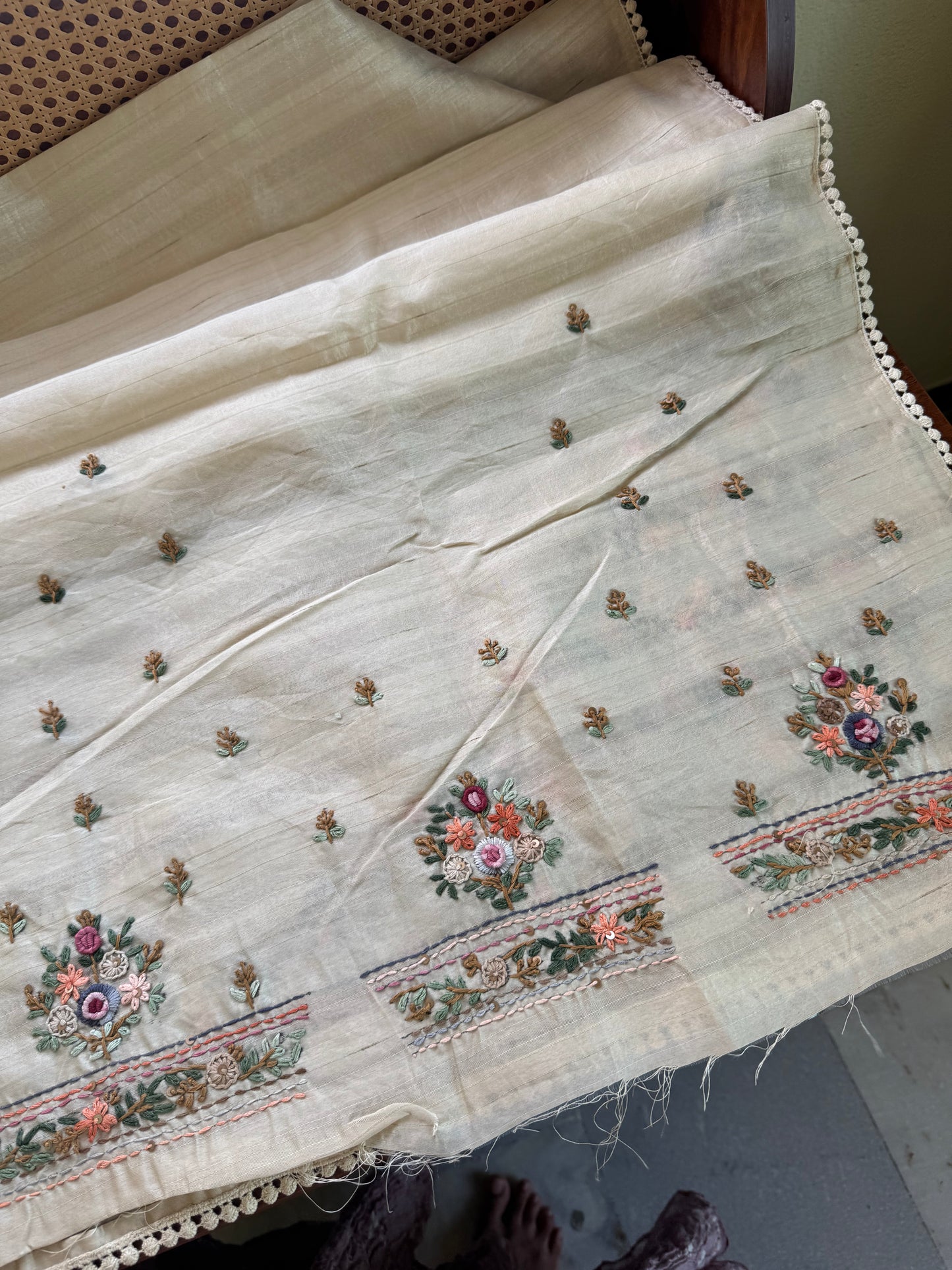 Hand Embroidered Tussar Blend Saree with heavy blouse - Beige
