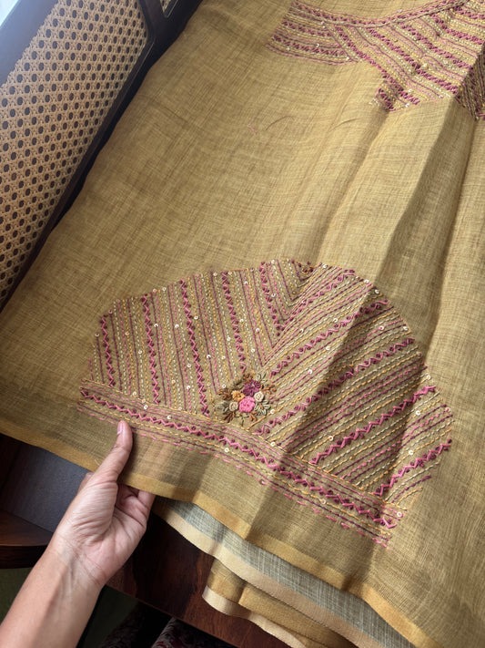 Premium Tissue Linen Sarees with heavy blouse - Henna Green